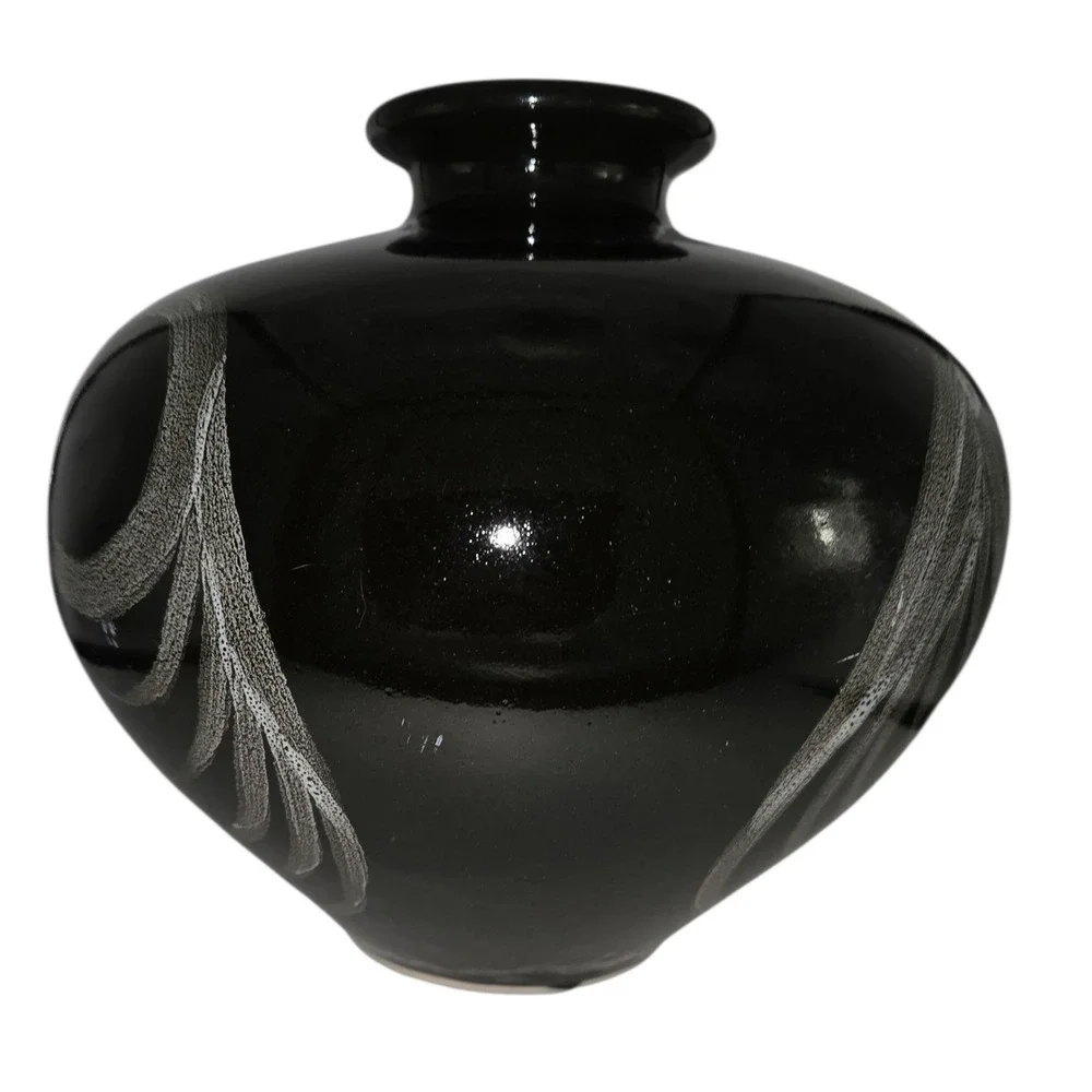 Black Ceramic Vase with Abstract White Design Elegant‎ Home Decor Accent Piece